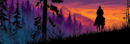 Cowboy horse onback gazing at layered mountain landscape during colorful sunrise with dramatic silhouettes and trees by Generative AIの素材