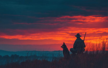 Hunter and dog resting in tall grass at sunset with dramatic orange sky and distant hills in tranquil wilderness by Generative AIの素材
