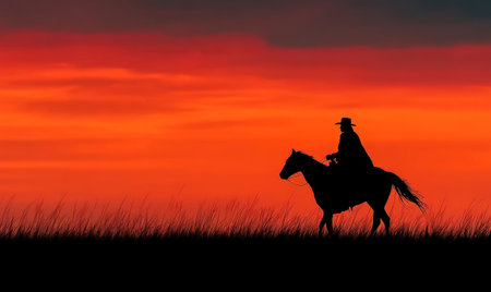 Cowboy horse on back silhouetted against vivid red and orange sunset sky above grassy prairie landscape by Generative AIの素材