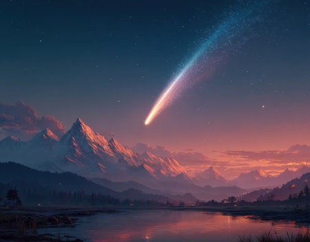 Fiery meteor streaks through twilight sky above snowcapped mountain peaks and tranquil forest lake at sunset by Generative AIの素材