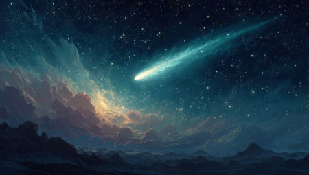 Radiant comet streaks across star filled sky above surreal alien mountain landscape and glowing cosmic clouds by Generative AIの素材