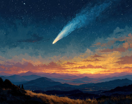 Fiery meteor streaks through twilight sky above snowcapped mountain peaks and tranquil forest lake at sunset by Generative AIの素材