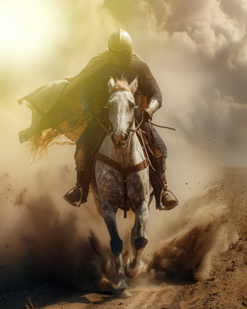 Medieval knight in full armor charging on white horse through dusty battlefield with dramatic lighting and cloudy sky by Generative AIの素材
