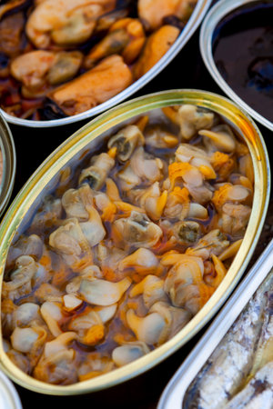 Assorted opened Canned Cans, healthy protein appetizerの素材