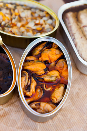 Canister of canned mussels. Healthy mealの写真素材