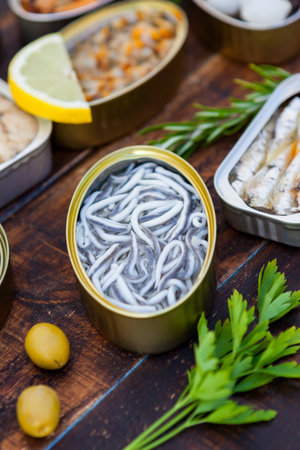 Canister of canned mussels. Healthy mealの写真素材