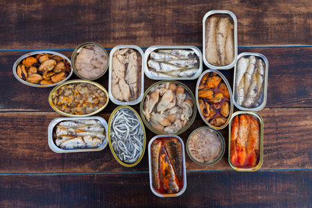 Assortment of open tin cans for a healthy dinner