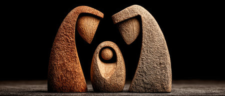 Minimalist wooden nativity scene with abstract carved figures of Mary, Joseph, and baby Jesus on dark background by Generative AIの素材