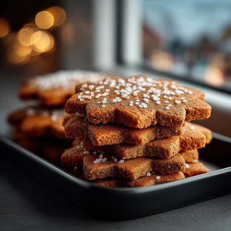 Stack of snowflake shaped gingerbread cookies with coarse sugar on black plate by window with festive holiday lights by Generative AIの素材