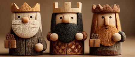 Handcrafted wooden Three Wise Men figurines with gifts, carved and painted in a rustic style for Christmas decoration by Generative AIの素材