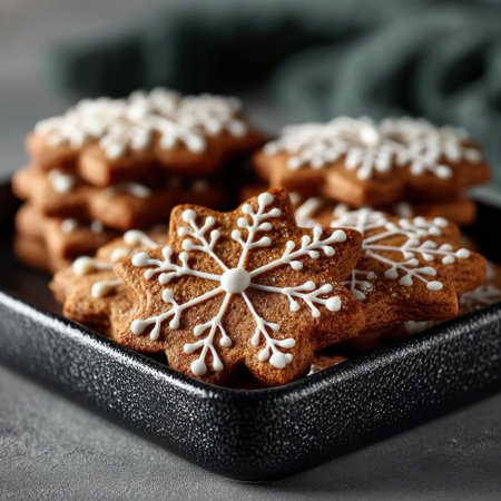 Snowflake shaped gingerbread cookies with white icing decoration stacked on a black tray for the winter holidays by Generative AIの素材