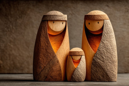Minimalist wooden nativity scene with abstract carved figures of Mary, Joseph, and baby Jesus on dark background by Generative AIの素材