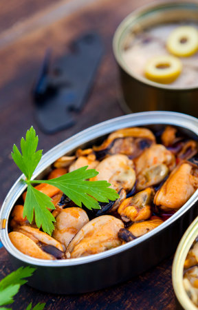 Canister of canned mussels. Healthy mealの写真素材