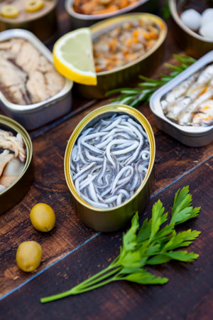 Assortment of open tin cans for a healthy dinner