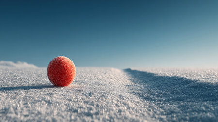 Minimalist red textured sphere resting on a frosty surface under a clear blue sky with pastel light gradient in abstract landscape by Generative AIの素材