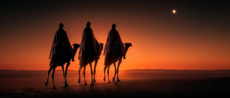 Three wise men on camels silhouetted against desert sunset with bright star in dramatic orange sky by Generative AIの素材