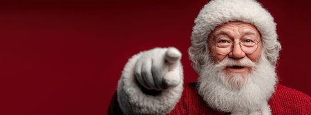 Happy Santa Claus smiling and pointing forward in red sweater and hat against vibrant red background in festive holiday portrait by Generative AIの素材