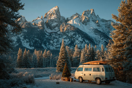 Vintage camper van parked in snowy forest clearing with Christmas tree and gifts beneath dramatic mountain peaks at sunset by Generative AIの素材