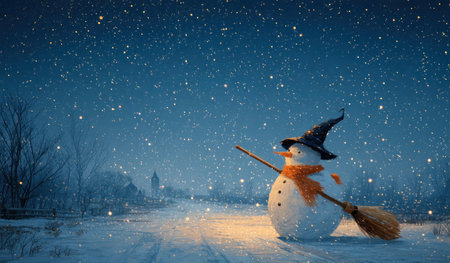 Snowman with witch hat and broom in magical snowy night landscape under glowing snowfall and blue sky by Generative AIの素材