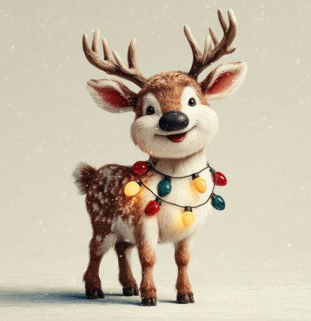 Adorable cartoon reindeer with Christmas lights around neck standing in snow with happy expression and antlers in winter scene by Generative AIの素材