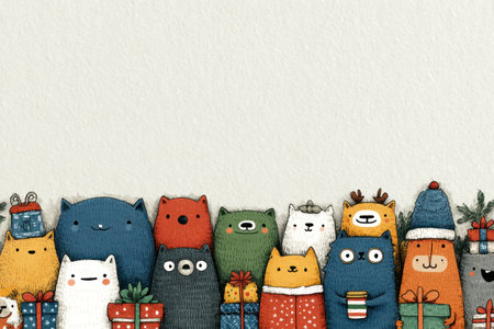 Cute group of colorful cartoon animals with Christmas gifts and winter clothes on textured background with blank space above by Generative AIの素材