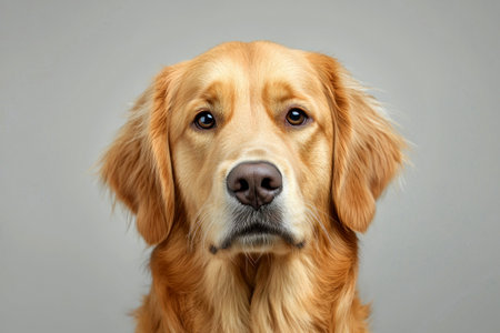 Serious golden retriever dog with silky fur and expressive eyes looking directly at camera against neutral gray background by Generative AIの素材