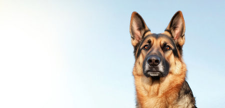 German shepherd dog outdoors with blue sky background and blank space on left side looking forward by Generative AIの素材