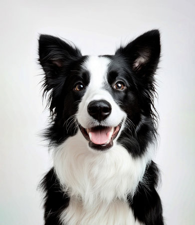 Happy border collie dog looking at camera with open mouth and bright eyes on white background by Generative AIの素材