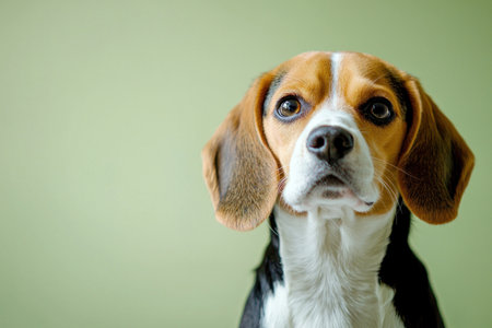 Front facing portrait of a Beagle dog with floppy ears and big eyes against a clean light green studio background by Generative AIの素材