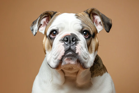 Front facing portrait of a stocky Bulldog with wrinkled face and expressive eyes against a plain tan background by Generative AIの素材