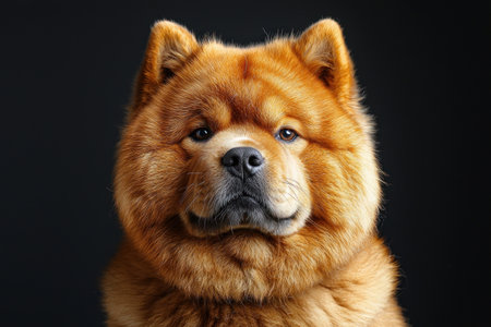 Closeup portrait of fluffy red Chow Chow dog with intense gaze and thick fur on dark studio background by Generative AIの素材