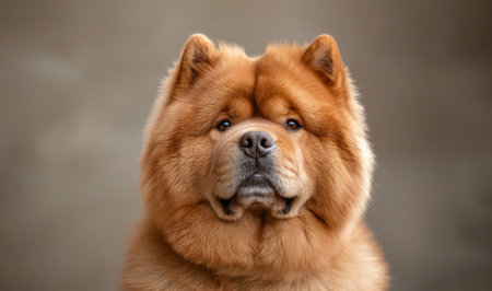Closeup portrait of fluffy red Chow Chow dog with serious expression and thick fur coat on neutral background by Generative AIの素材