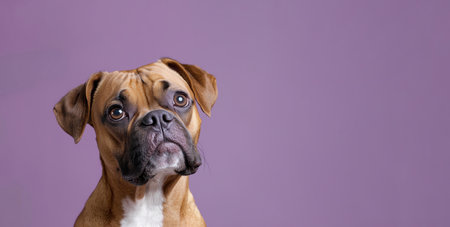 Curious boxer dog with expressive eyes looking up against a purple studio background by Generative AIの素材