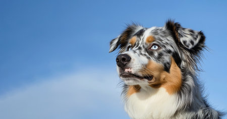 Australian shepherd dog with piercing blue eyes and merle coat gazing into distance under clear blue sky by Generative AIの素材