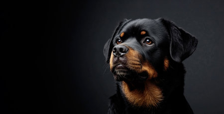 Rottweiler dog portrait with intense expression against dark background in studio lighting and high detail by Generative AIの素材