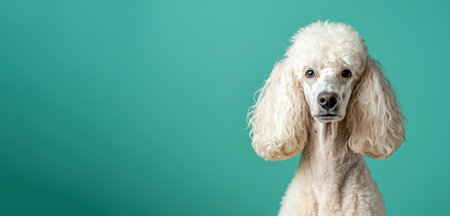 Elegant white standard poodle with curly fur and long ears staring ahead against teal background in studio portrait by Generative AIの素材