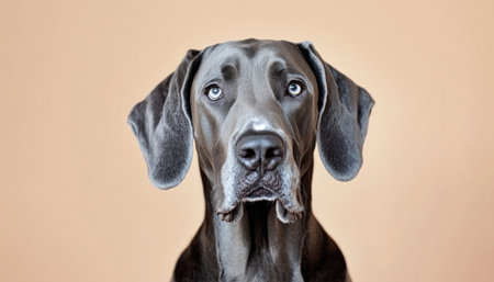 Large gray dog with light eyes and droopy ears looking forward against neutral beige background in studio portrait by Generative AIの素材