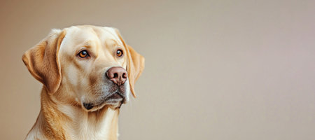 Labrador retriever dog with serious expression in side profile on beige background closeup studio portrait by Generative AIの素材