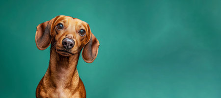 Curious dachshund dog with tilted head looking forward against green background in studio closeup portrait by Generative AIの素材