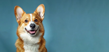 Happy corgi dog with upright ears and open mouth smiling against blue background studio portrait by Generative AIの素材