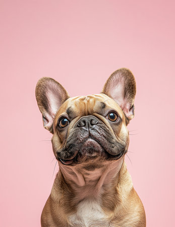 French bulldog with expressive face looking upward in studio against soft pink background closeup portrait by Generative AIの素材