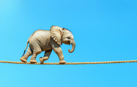 Baby elephant walking on tightrope against clear blue sky in surreal and playful concept art with bright lighting by Generative AIの素材