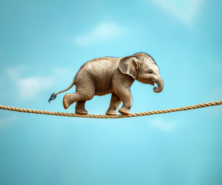 Baby elephant balancing on a rope against blue sky in surreal whimsical scene with soft lighting and playful atmosphere by Generative AIの素材