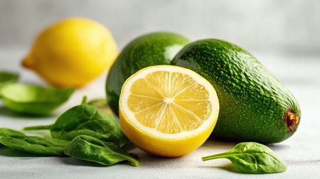 Fresh avocados, lemon halves, whole lemon, and spinach leaves on light surface in bright natural light by Generative AIの素材