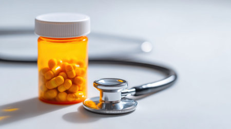 Orange pill bottle filled with yellow capsules next to a stethoscope on white surface in bright clinical lighting by Generative AIの素材