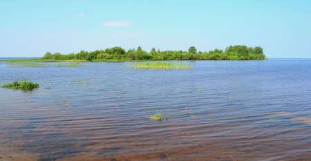 Scenic view of a green island in the middle of a pond or lake against the azure sky on a quiet summer sunny day with soft fokus.の写真素材