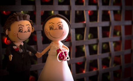 Wedding Cake Figurine formed by the bride and groom for the wedding cake. Dark background with ball and red and green dots.の写真素材
