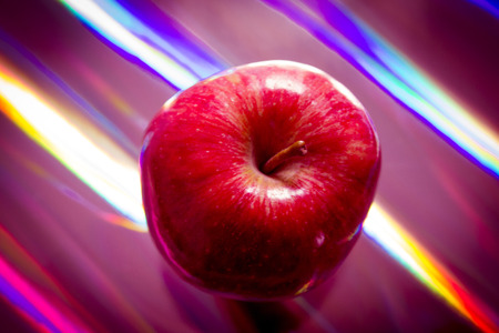 Red apple view from above, with bright background futuristic bright colors.の写真素材