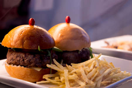Closeup of fresh Hamburgers on plate served with french friesの写真素材