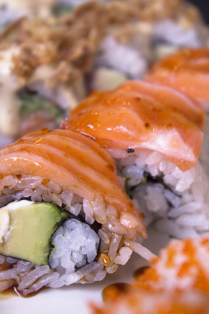 Sushi prepared for eating in restaurantの写真素材